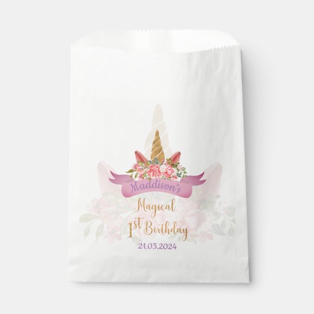 Pretty Pastel Pink Floral Unicorn Birthday Party Favour Bags (Front)