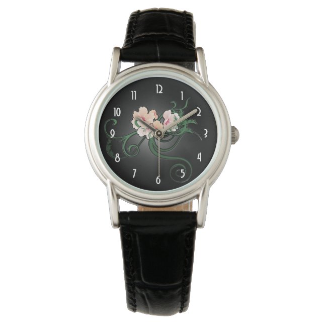Pretty Pastel Pink Flowers on Black Watch (Front)