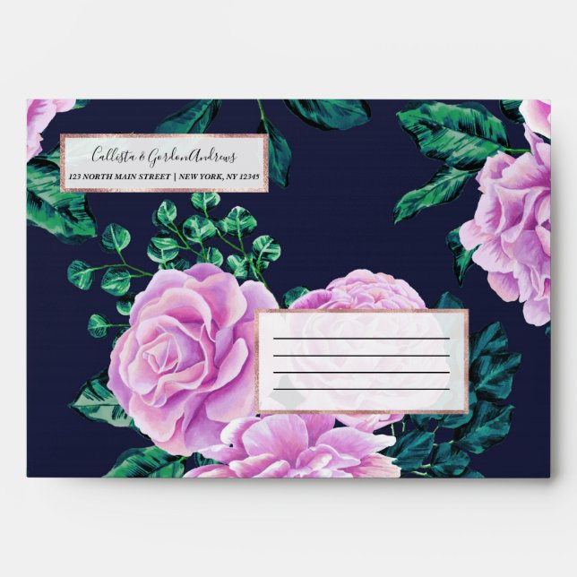 Pretty Pastel Purple Navy Watercolor Flowers Envelope (Front)