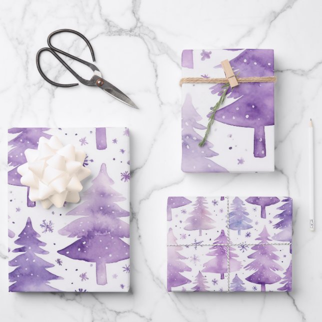 Pretty Pastel Purple Watercolour Tree Pattern Wrapping Paper Sheet (Front)