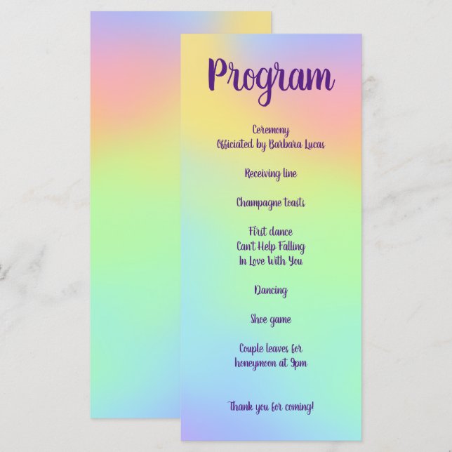 Pretty Pastel Rainbow Gradient Wedding Program Programme (Front/Back)