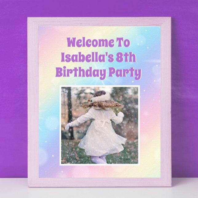 Pretty Pastel Rainbow Photo Girls Birthday Party Poster (Creator Uploaded)