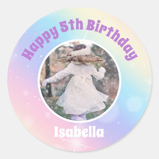 Pretty Pastel Rainbow Sparkle Kids Birthday Party Classic Round Sticker (Front)
