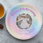 Pretty Pastel Rainbow Sparkle Kids Birthday Party Paper Plate<br><div class="desc">Celebrate your little girl's birthday with these pretty pastel rainbow sparkle party plates that feature beautiful purple letters and your child's custom photograph. This magical design exemplifies the enchantment of childhood. Add your kid's photograph for a personal touch on this cute whimsical party decor.</div>