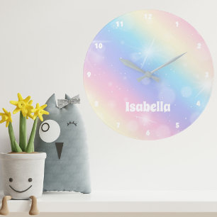 Pretty Pastel Rainbow Sparkle Monogram Girly Kids Large Clock