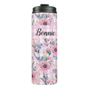 PRETTY PASTEL RED FLOWERS WITH PLAID PATTERNS THERMAL TUMBLER