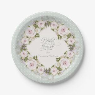 Pretty Pastel Roses Succulent Leaves w Dots Bridal Paper Plate