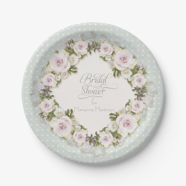 Pretty Pastel Roses Succulent Leaves w Dots Bridal Paper Plate (Front)