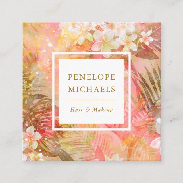 Pretty Pastel Tropical Palms and Floral Print Square Business Card (Front)