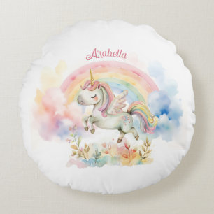 Pretty Pastel Unicorn and Rainbow Round Cushion