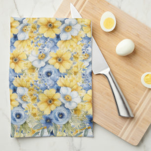 PRETTY PASTEL WATERCOLOR BLUE YELLOW FLOWERS TEA TOWEL