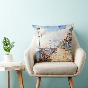 PRETTY PASTEL WATERCOLOR BOARDWALK AND BEACH CUSHION