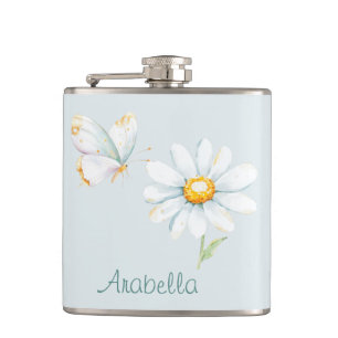 Pretty Pastel Watercolor Butterfly and Daisy Hip Flask