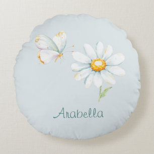 Pretty Pastel Watercolor Butterfly and Daisy Round Cushion