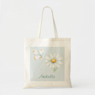 Pretty Pastel Watercolor Butterfly and Daisy Tote Bag