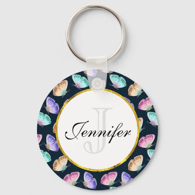 Pretty Pastel Watercolor Butterfly Pattern Key Ring (Front)