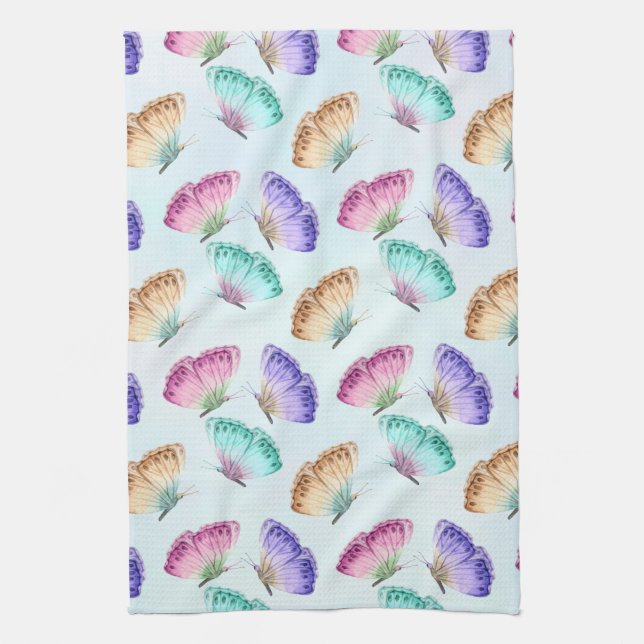 Pretty Pastel Watercolor Butterfly Pattern Tea Towel (Vertical)