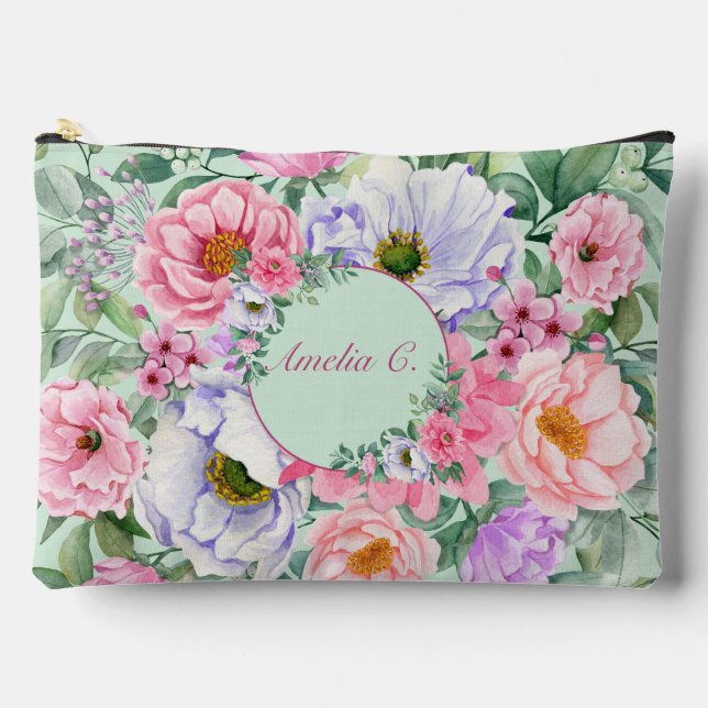 Pretty Pastel Watercolor Floral Cosmetic Bag (Front)