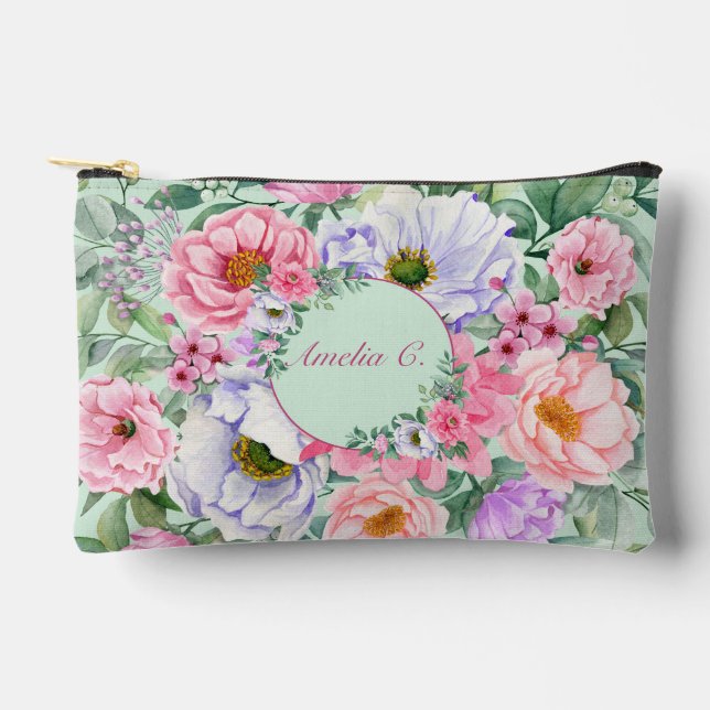 Pretty Pastel Watercolor Floral Cosmetic Bag (Front)