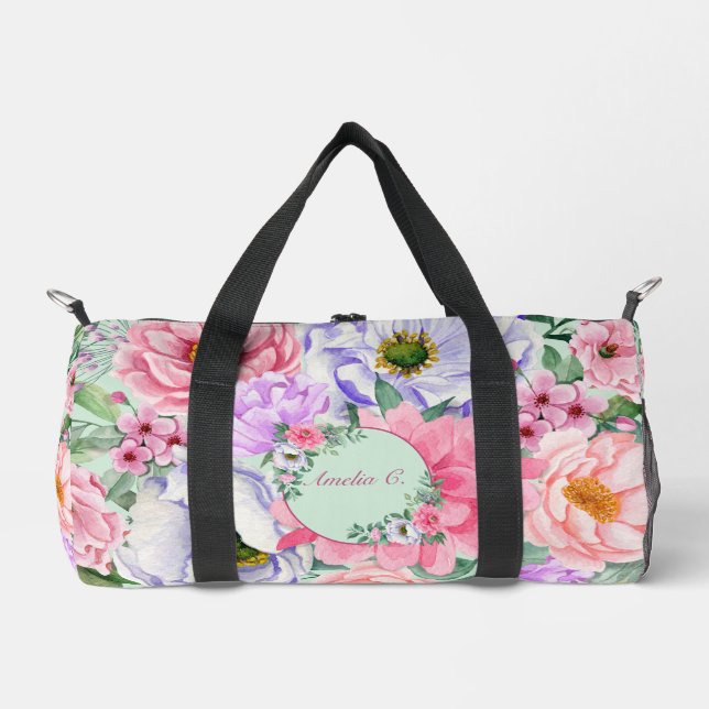 Pretty Pastel Watercolor Floral  Duffle Bag (Front)