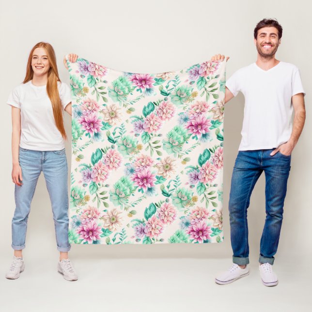 Pretty Pastel Watercolor Floral Fleece Blanket (In Situ)