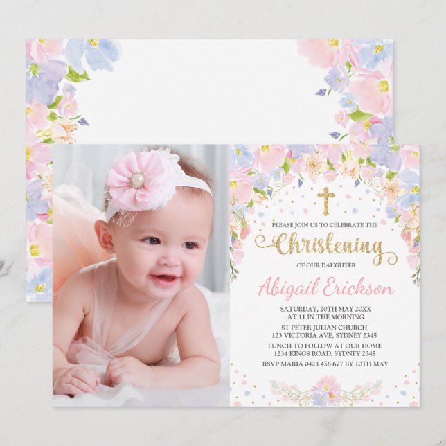 Pretty Pastel Watercolor Floral Girl Christening Invitation (Front/Back)