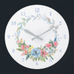 Pretty Pastel Watercolor Floral Wreath Large Clock<br><div class="desc">Delicate leafy watercolor wreath with spray of pastel pink,  blue and yellow flowers. Background colour and numbers are editable.</div>