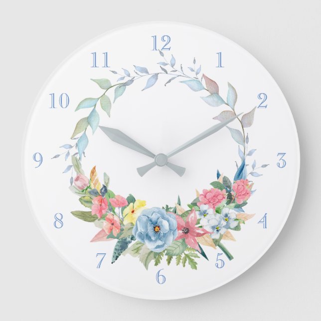 Pretty Pastel Watercolor Floral Wreath Large Clock (Front)