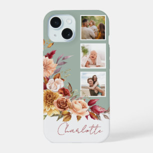Pretty Pastel Watercolor Flowers, 3-Photos w/Name iPhone 15 Case
