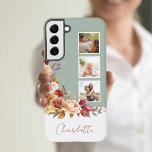 Pretty Pastel Watercolor Flowers, 3-Photos w/Name Samsung Galaxy Case<br><div class="desc">Customise this pretty three-photo template design with your name or monogram on a blank label element that you can customise with the colour of your choice. It features a colourful corner spray of watercolor blush, rust and ivory roses and chrysanthemums with sage green and brown foliage. Background colour is also...</div>