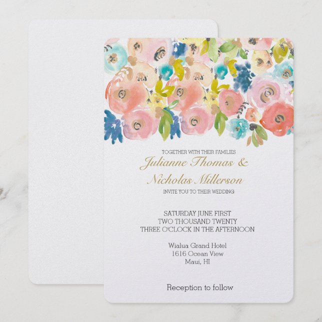 Pretty Pastel Watercolor Flowers Wedding Invite (Front/Back)