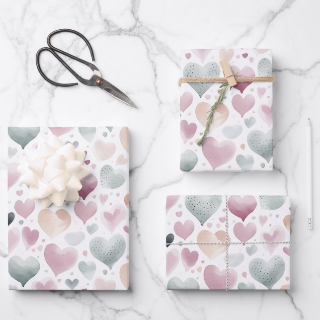 Pretty Pastel Watercolor Heart Pattern  Wrapping Paper Sheet (Front)