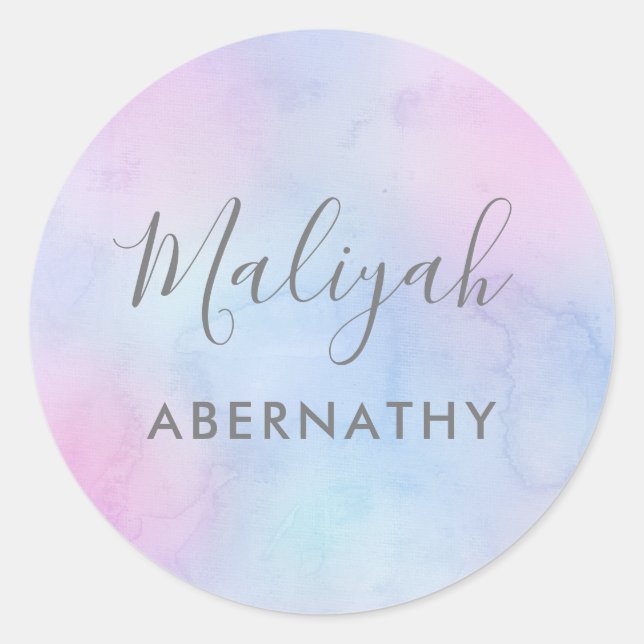 Pretty Pastel Watercolor Name School Label Purple (Front)