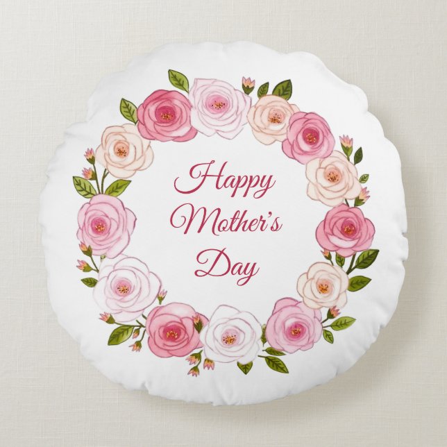 Pretty Pastel Watercolor Rose Wreath Round Cushion (Front)