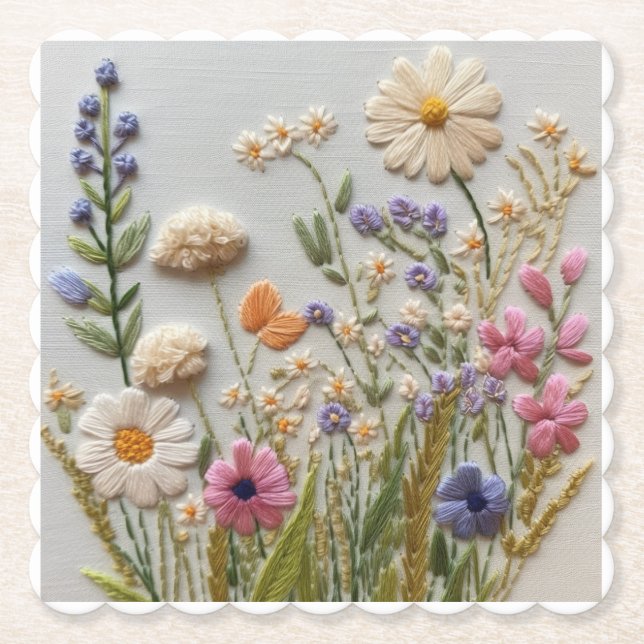 Pretty Pastel Wildflowers Embroidery Paper Coaster (Front)