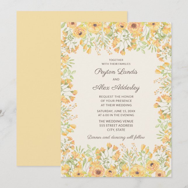 Pretty Pastel Yellow Watercolor Flowers Wedding Invitation (Front/Back)