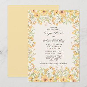 Pretty Pastel Yellow Watercolor Flowers Wedding Invitation