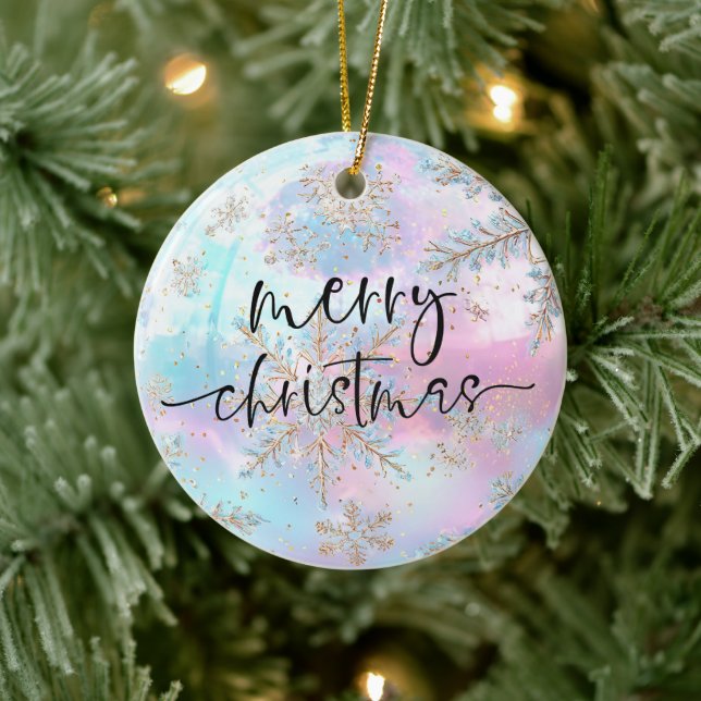 Pretty pastels Gold Snowflakes Merry Christmas Ceramic Tree Decoration (Tree)