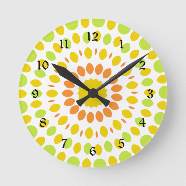 Pretty pattern in lime green, lemon yellow, orange round clock (Front)