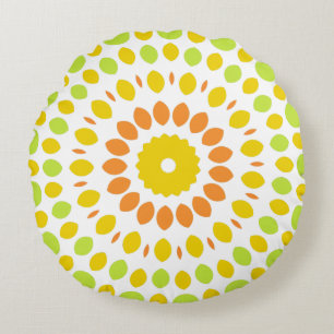 Pretty pattern in lime green, lemon yellow, orange round cushion