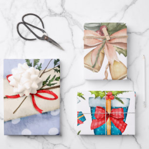 Pretty pattern Xmas blue l ribbon l bell red cute Wrapping Paper Sheet