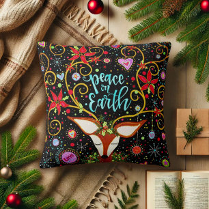 Pretty Peace on Earth Reindeer Christmas Cushion