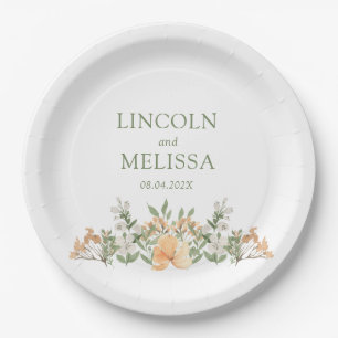 Pretty Peach and White Floral Wedding  Paper Plate