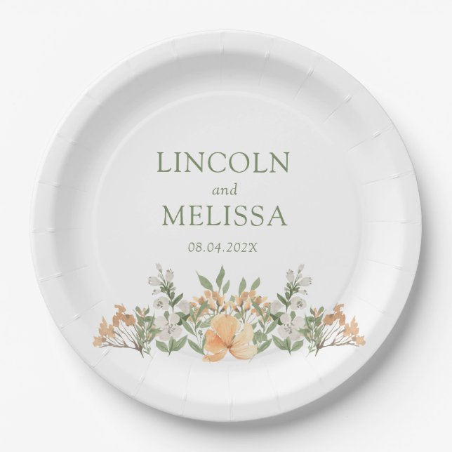 Pretty Peach and White Floral Wedding  Paper Plate (Front)