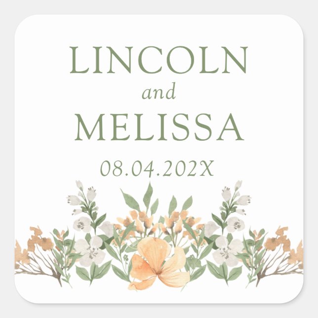 Pretty Peach and White Floral Wedding  Square Sticker (Front)