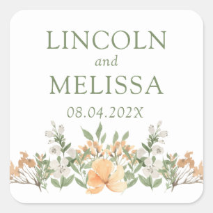 Pretty Peach and White Floral Wedding Square Sticker