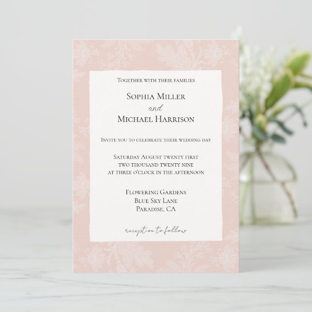 Pretty Peach Blush White Floral Faux Lace Wedding Invitation (Standing Front)
