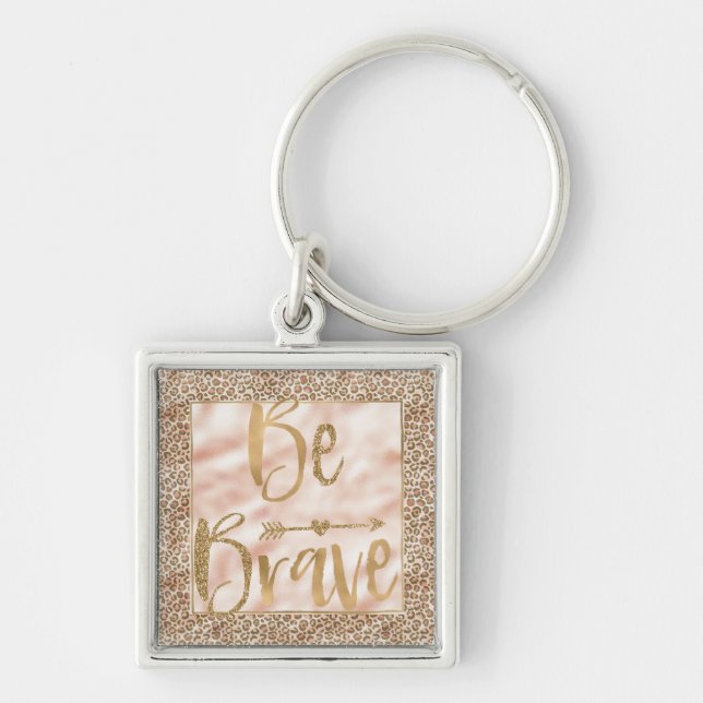 Pretty Peach Brown Leopard Print Be Brave Key Ring (Front)