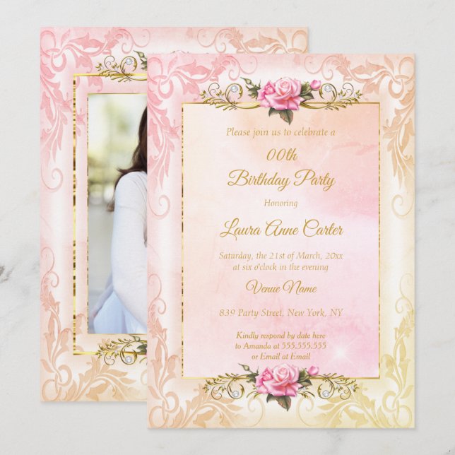 Pretty peach coral pink rose photo Birthday Party Invitation (Front/Back)