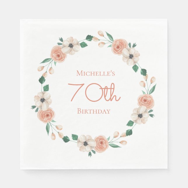 Pretty Peach Cream Floral 70th Birthday   Napkin (Front)
